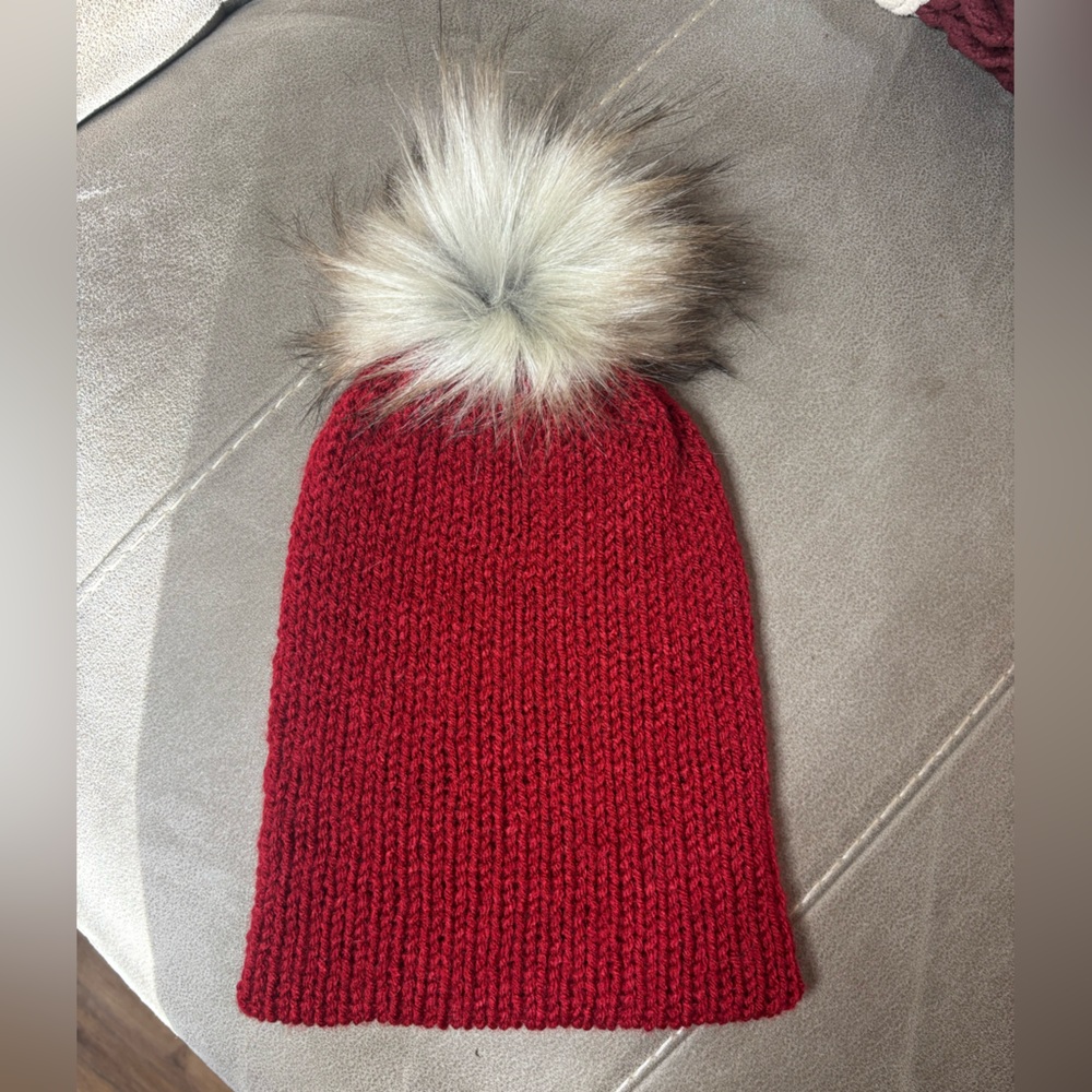 Red Knit Beanie with Faux Fur Pom